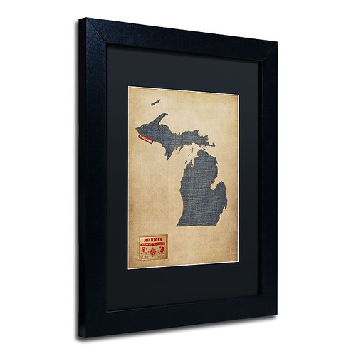 Trademark Michael Tompsett "Michigan Map Denim Jeans.." Art, Black Matte W/Black Frame, 11" x 14" (65dcf9fce8837636b11a322d_ud)