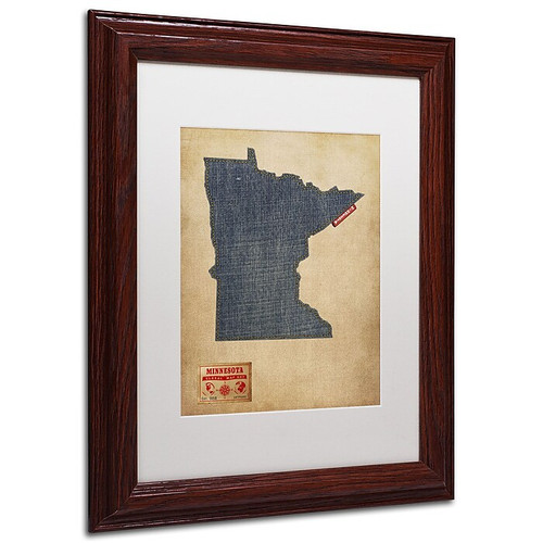 Trademark Michael Tompsett "Minnesota Map Denim Jeans.." Art, White Matte W/Wood Frame, 11" x 14" (65dcfa50e8837636b11a33bf_ud)
