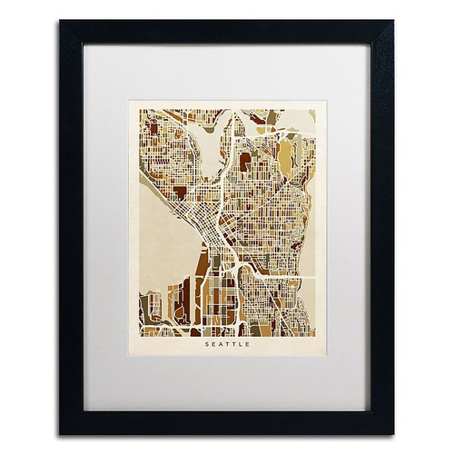 Trademark Fine Art ''Seattle Washington Street Map II'' by Michael Tompsett 16" x 20" White Matted Black Frame (MT0870-B1620MF)