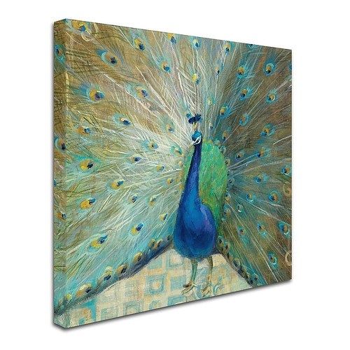 Trademark Danhui Nai "Blue Peacock on Gold" Gallery-Wrapped Canvas Art, 24" x 24" (65dcfb80e8837636b11a393d_ud)