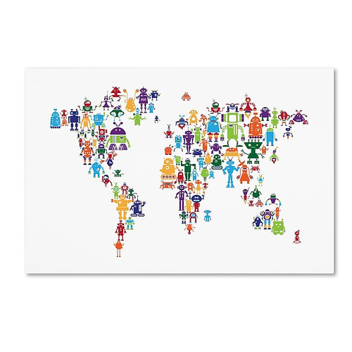 Trademark Fine Art Michael Tompsett 'Robot Map of the World' 12" x 19" Canvas Stretched (190836019298)