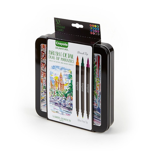 Crayola Brush & Detail Dual Tip Markers, Brush Tip/Ultra Fine Tip, 16/Pack (58-6501)