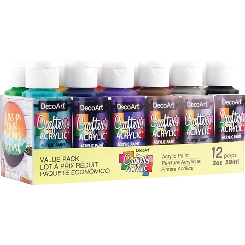 DecoArt Crafter's Acrylic Primary Value Pack Non Washable Acrylic Paints, Assorted Colors, 2 Oz., 12/Pack (DASK353)