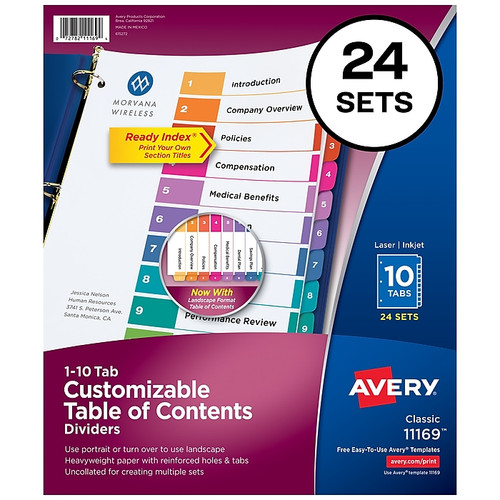 Avery Ready Index Table of Contents Paper Dividers, 1-10 Tabs, Multicolor, 24 Sets/Box (11169)