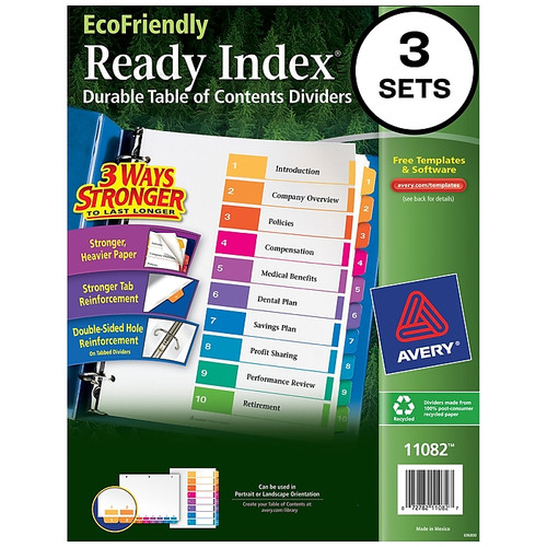 Avery Ready Index Table of Contents EcoFriendly Paper Dividers, 1-10 Tabs, Multicolor, 3 Sets/Pack (11082)