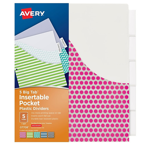 Avery® Big Tab™ Insertable Plastic Dividers with Pockets, 5-Tab Set, Assorted Designs, 6 Sets (AVE07708-6)
