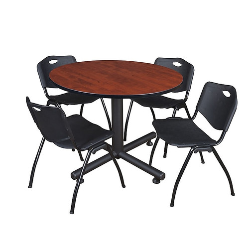 Regency 48" Cherry and Kobe Based Round Table with 4 M Stacker Chairs, Black (TKB48RNDCH47BK)