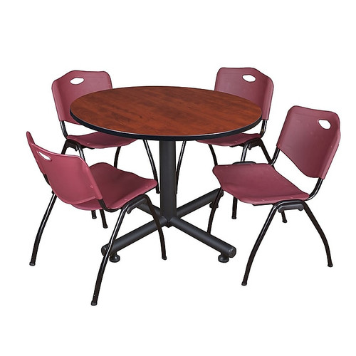 Regency 48" Round Table with 4 M Stacker Chairs, Burgundy with Cherry and Kobe Base (TKB48RNDCH47BY)