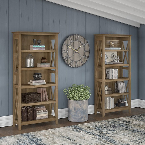 Bush Furniture Key West 66"H 5-Shelf Bookcase with Adjustable Shelves, Reclaimed Pine Laminated Wood, 2/Set (KWS046RCP)