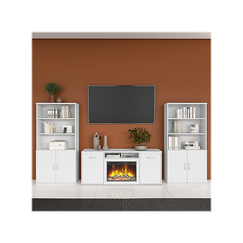 Bush Business Furniture Studio C 73" 4-Shelf Bookcase Set and Electric Fireplace TV Stand, White (STC081WH)