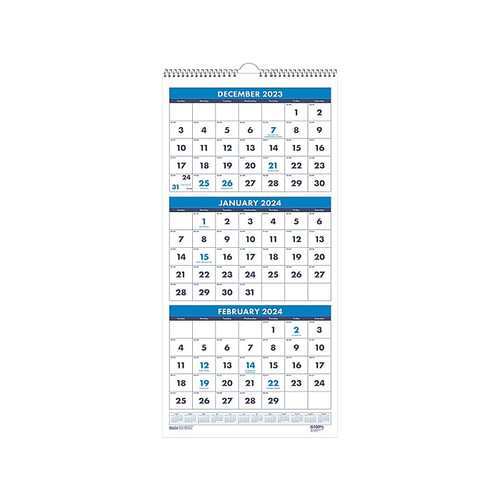 2024 House of Doolittle Large Numeral 12.25" x 26" Three-Month Wall Calendar, White/Blue (3640-24)
