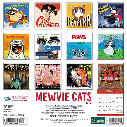 2024 Willow Creek Mewvie Cats 12" x 12" Monthly Wall Calendar, Multicolor (38734)