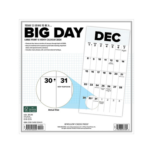 2024 Willow Creek Big Day 12" x 12" Monthly Wall Calendar, White/Black (32459)