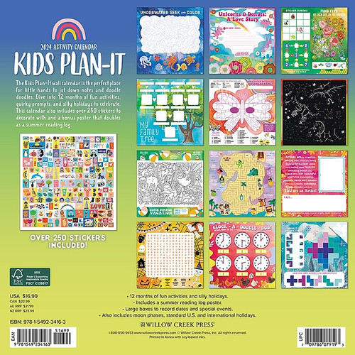 2024 Willow Creek Kid’s Plan It - Activity 12" x 12" Monthly Wall Calendar, Multicolor (34163)