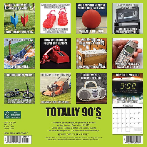 2024 Willow Creek Totally 90s 12" x 12" Monthly Wall Calendar, Multicolor (35627)