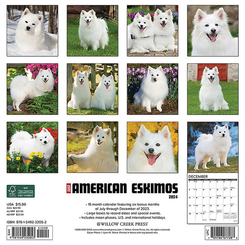 2024 Willow Creek Just American Eskimos 12" x 12" Monthly Wall Calendar, Multicolor (32053)