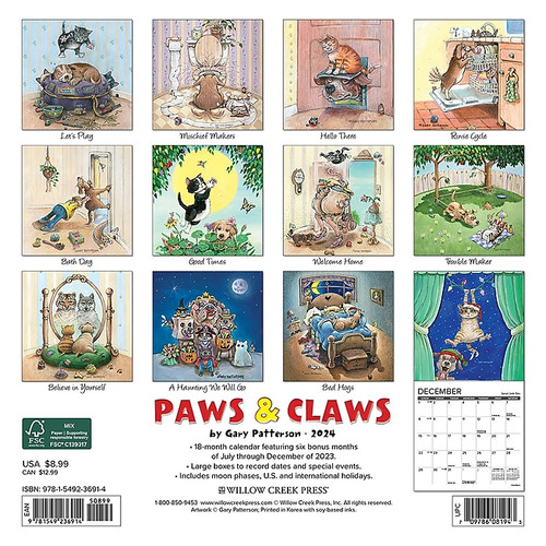 2024 Willow Creek Paws & Claws by Gary Patterson 7" x 7" Monthly Wall Calendar, Multicolor (36914)