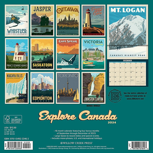 2024 Willow Creek Explore Canada Art 12" x 12" Monthly Wall Calendar, Multicolor (33463)