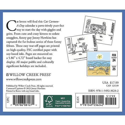 2024 Willow Creek Cat Cartoon-A-Day by Jonny Hawkins 6" x 5.5" Daily Day-to-Day Calendar, Multicolor (36242)