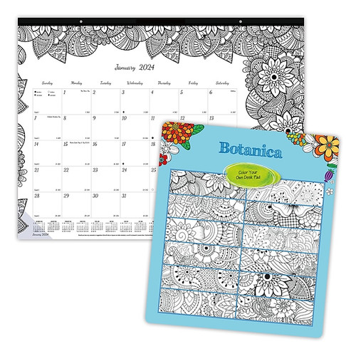 2024 Blueline DoodlePlan Botanica 22" x 17" Monthly Desk Pad Coloring Calendar, White/Black (C2917311)
