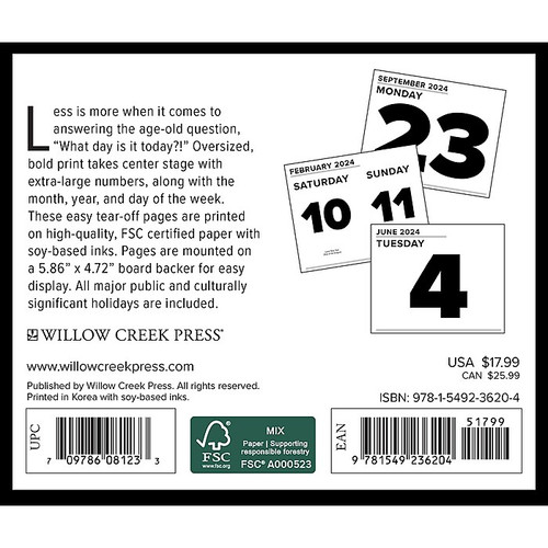 2024 Willow Creek Press Big Day Box Calendar Daily Desk 5.5" x 6", Black and White (36204)