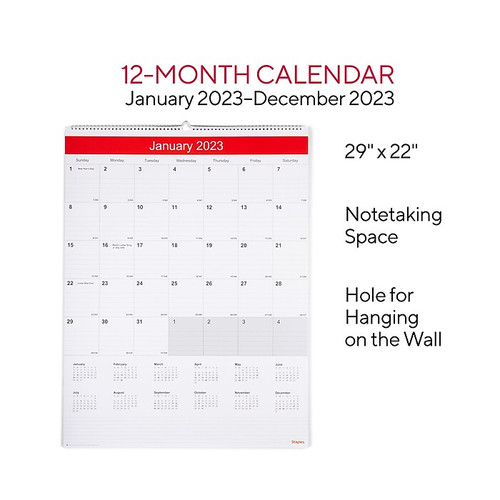 2023 Staples 22" x 29" Wall Calendar, White/Red (ST53914-23)
