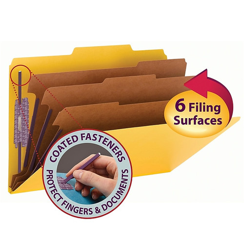 Smead Pressboard Classification File Folder with SafeSHIELD Fasteners, 3 Dividers, 3" Exp., Legal, Yellow, 10/Box (19098)