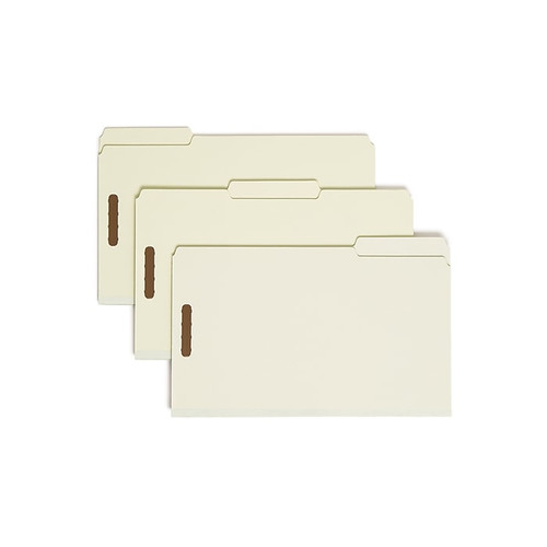 Smead 100% Recycled Pressboard 3-Tab File Folders, 2-Fasteners, 3" Expansion, Legal, Gray/Green, 25/Box (20005)