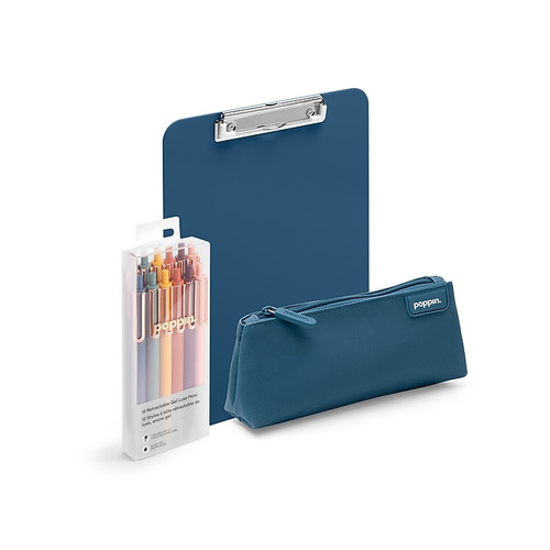 Poppin Plastic Clipboard with Pouch and Pens, Letter Size, Slate Blue (108708)