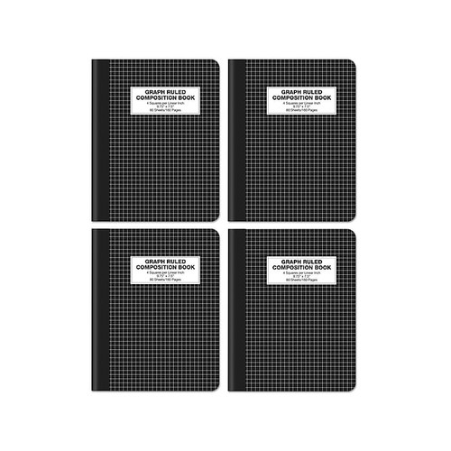 Better Office Composition Notebooks, 7.5" x 9.75", Graph Ruled, 80 Sheets, Black, 4/Pack (25604-4PK)