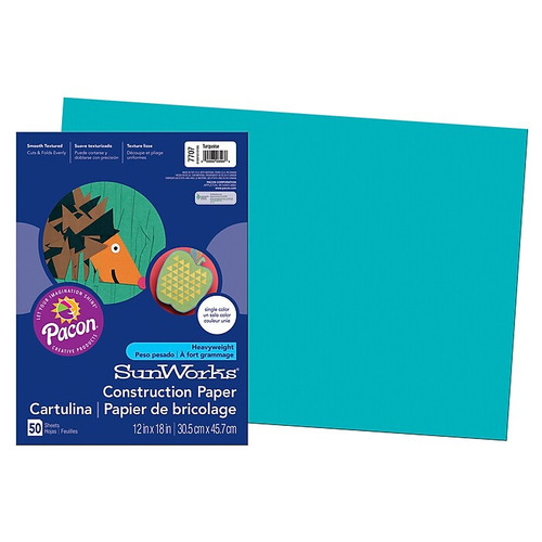 Pacon SunWorks 12" x 18" Construction Paper, Turquoise, 50 Sheets/Pack, 5 Packs (PAC7707-5)