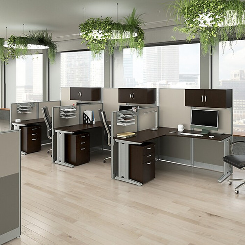 Bush Business Furniture Office in an Hour 3 Person L Shaped Cubicle Desks with Storage and Organizers, Mocha Cherry (OIAH006MR)