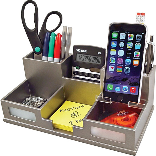 Victor Technology Wood Desk Organizer with Smart Phone Holder, Classic Silver, 5.5" x 10.4" x 3.5" (65dd2683e8837636b11b83dd_ud)