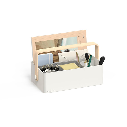 U Brands Modern 6-Compartment Plastic/Wood Desktop Caddy, White/Beige (5387U00-02)
