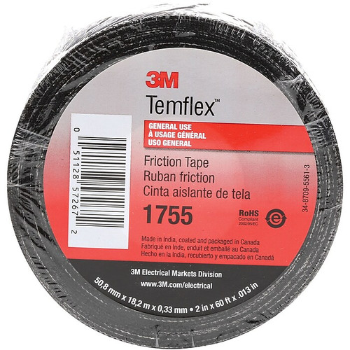 3M 1755 Cotton Friction Tape, 3/4" x 60', Black, 10/Case (T964175510PK)