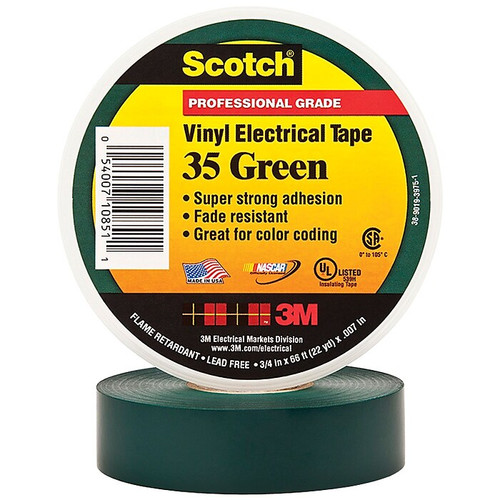 3M 35 Colored Electrical Tape, 3/4" x 22 yds., Green, 10/Case (T96403510PKG)