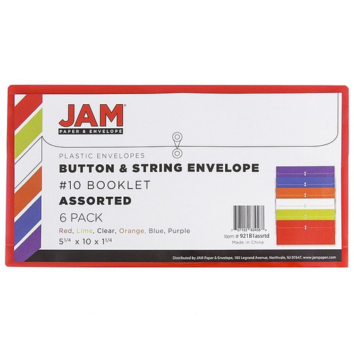 JAM Paper® Plastic Envelopes with Button and String, #10 Business Booklet, 5.25 x 10, Assorted Colors, 6/Pack (921B1ASSRTD)