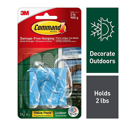 Command™ Outdoor Medium Clear Window Hooks Value Pack--5 Hooks, 6 Strips/Pack (17091CLRAWVPES)