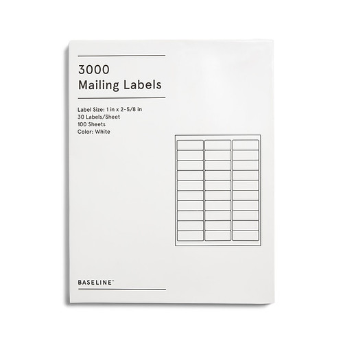Baseline Laser/Inkjet Blank Address Labels, 1" x 2-5/8", White, 30 Labels/Sheet, 100 Sheets/Pack, 3000 Labels/Box (BL58260)