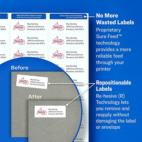 Avery Repositionable Laser Address Labels, 1" x 2-5/8", White, 30 Labels/Sheet, 100 Sheets/Box (55160)