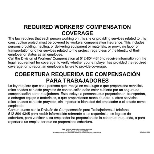ComplyRight™ Texas Workers Compensation Coverage Poster (ETX0001)