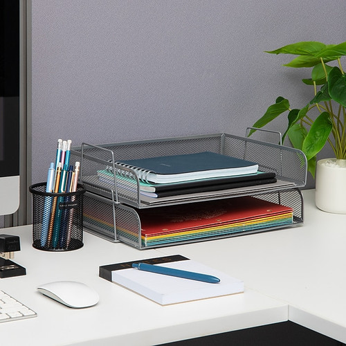 Mind Reader 2-Tier Stackable Paper Desk Tray, Metal, Silver, 2/Pack (DSTACK2-SIL)
