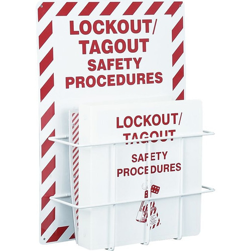 Accuform Lockout Procedure Station With PVC-Coated Steel Wire Rack, Red On White (KSS142)