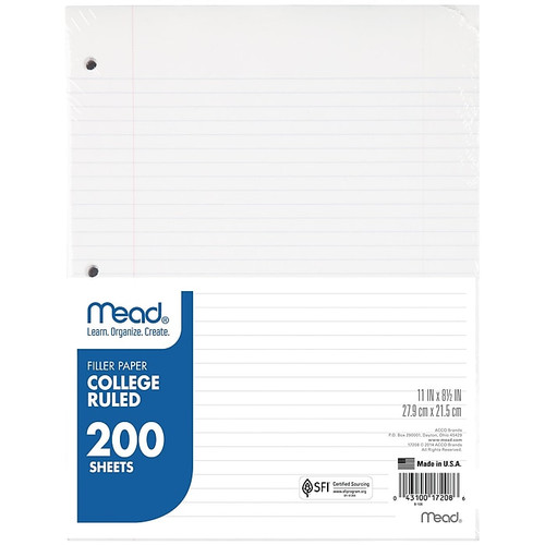 Mead College Ruled Filler Paper, 8.5" x 11", 3-Hole Punched, 200 Sheets/Pack (MEA17208)