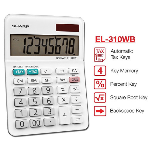 Sharp Elsi Mate EL-310WB 8-Digit Desktop Calculator, White (65dd5c21e8837636b11d574d_ud)