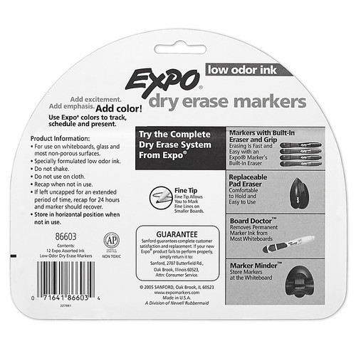 Expo Low Oder Dry Erase Markers, Fine Tip, Assorted Inks, 12/Pack (SAN86603)