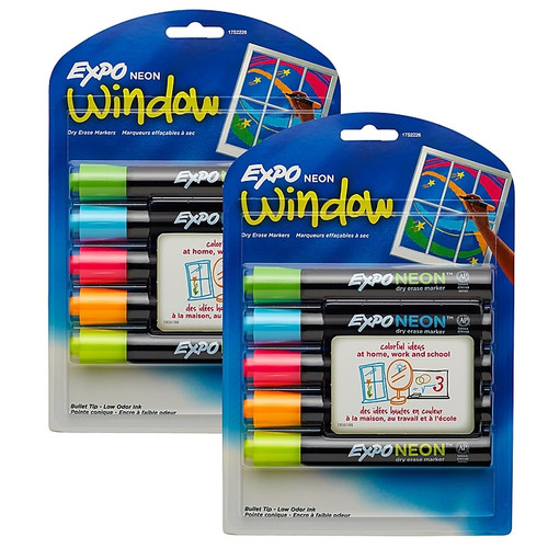 EXPO® Neon Window Dry Erase Marker, Bullet tip, Assorted Colors, 5 Per Pack, 2 Packs, (SAN1752226-2)