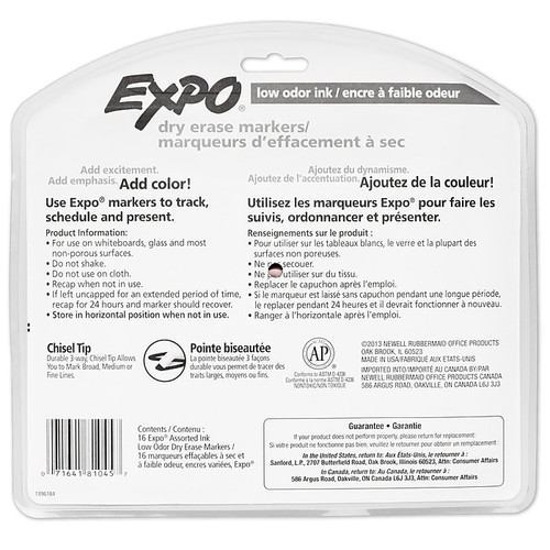 Expo Low Oder Dry Erase Markers, Chisel Tip, Assorted Inks, 16/Pack (81045_1)