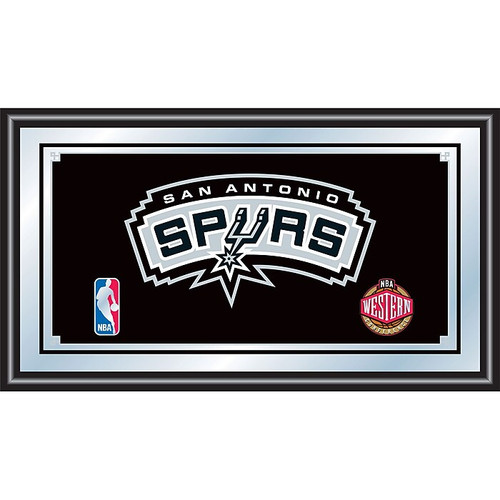 Trademark Global® 15" x 27" Black Wood Framed Mirror, San Antonio Spurs NBA (65dd611ae8837636b11d8bce_ud)