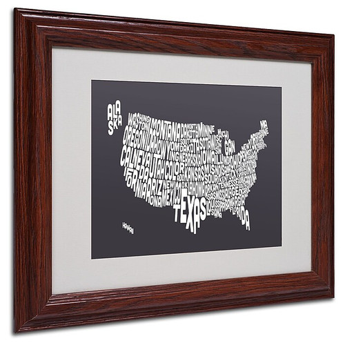 Michael Tompsett 'CHARCOAL-USA States Text Map' Framed - 11x14 Inches - Wood Frame (65dd66f7e8837636b11dc3de_ud)